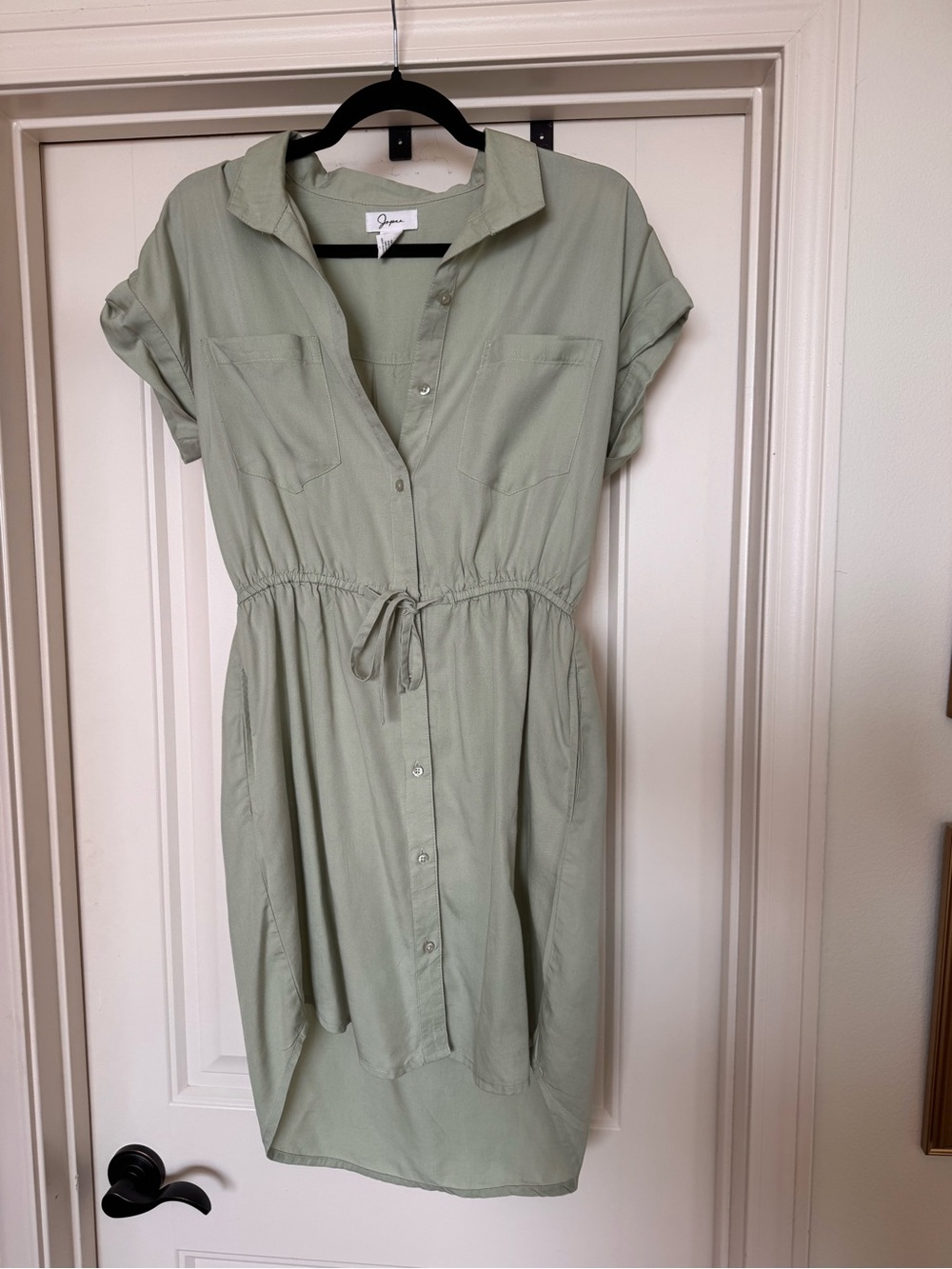 Green Button-Front Shirt Dress with Drawstring Waist